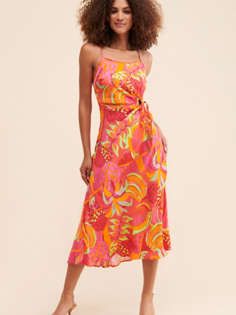FARM Rio Fruit Brush Cut Out Midi Dress Satin
